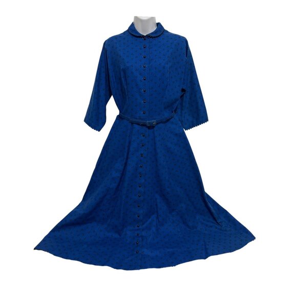 Vintage Lanz Blue Ditsy Floral Button-Down Dress S Scalloped Mary Poppins Style - Picture 1 of 16